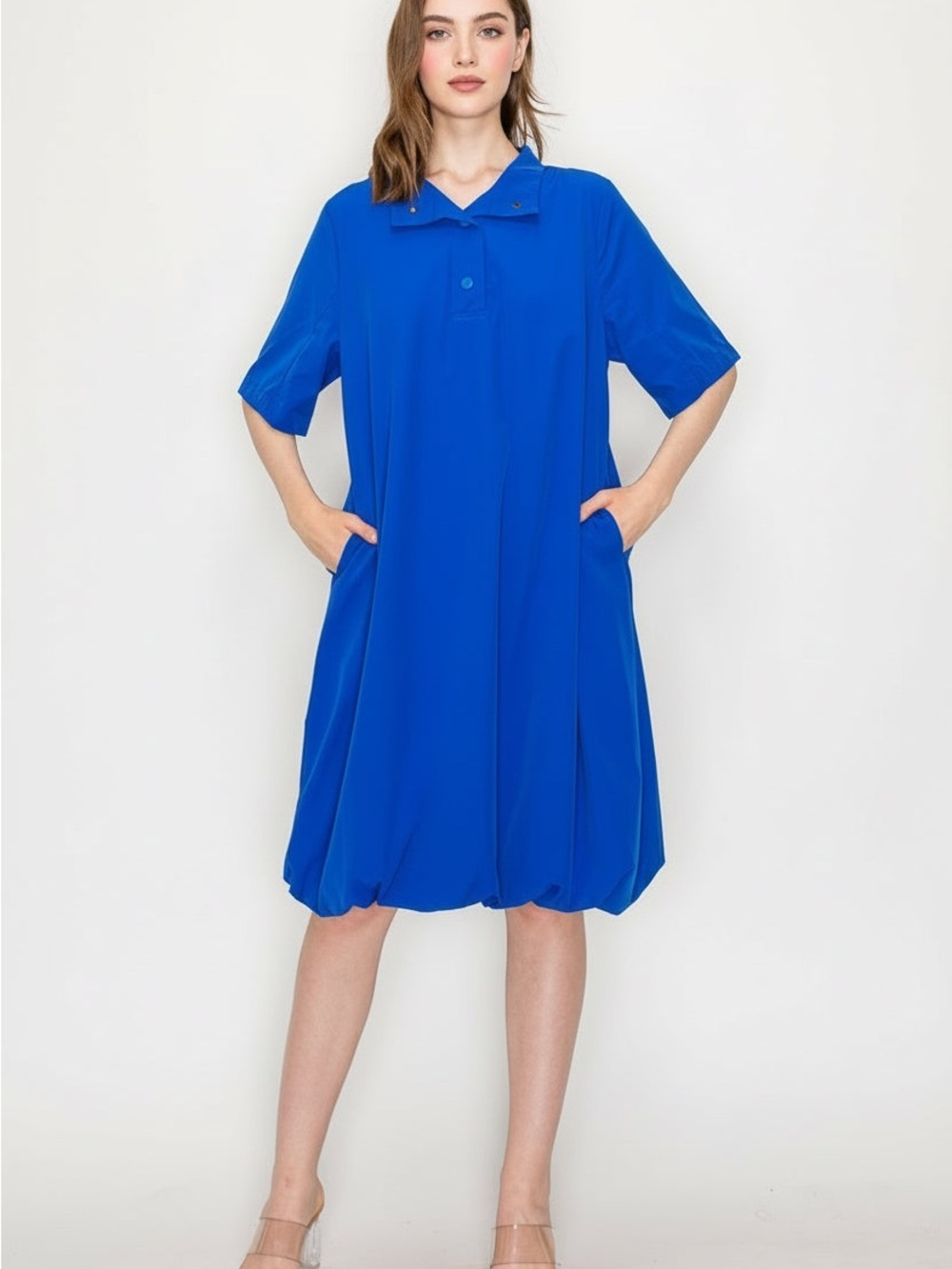 Joh Joella Woven Bubble Hem Oversized Dress Blue Short Sleeve Collared Shift